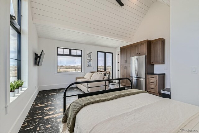 bedroom featuring vaulted ceiling, stainless steel fridge, and wood ceiling