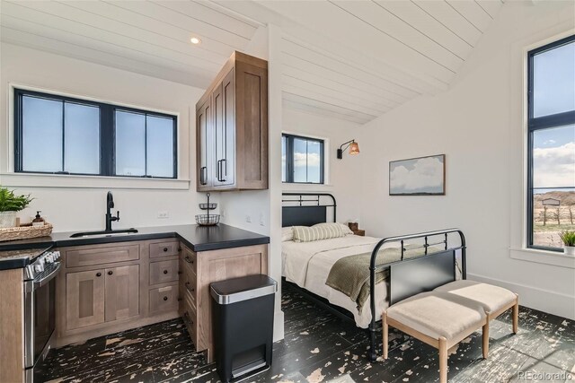 bedroom with vaulted ceiling, wood ceiling, and sink