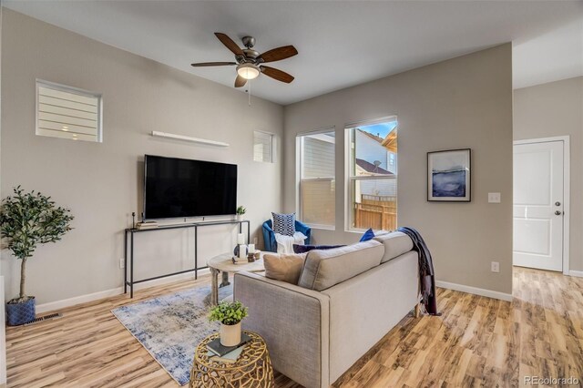 1341 Solitaire St, Colorado Springs, CO 80905 - living area featuring light wood-style flooring, baseboards, and ceiling fan