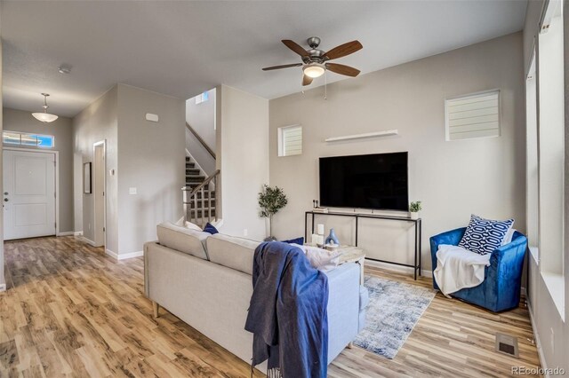 1341 Solitaire St, Colorado Springs, CO 80905 - living area featuring stairs, ceiling fan, visible vents, and wood finished floors