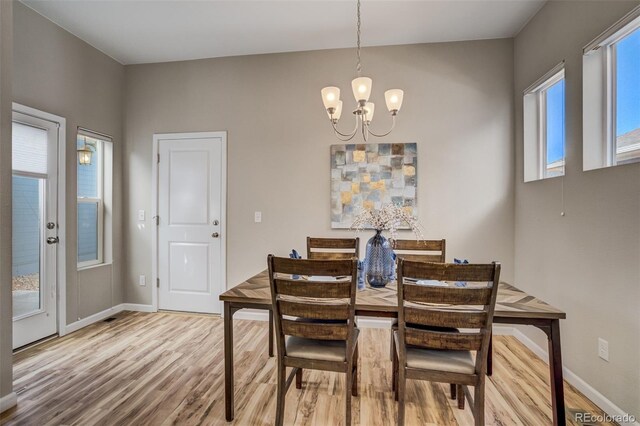 1341 Solitaire St, Colorado Springs, CO 80905 - dining space featuring baseboards, wood finished floors, and a notable chandelier