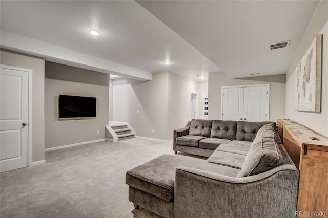 1341 Solitaire St, Colorado Springs, CO 80905 - living area with baseboards, visible vents, stairway, and carpet
