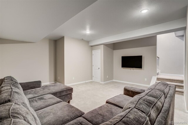 1341 Solitaire St, Colorado Springs, CO 80905 - living room with baseboards, light colored carpet, and stairs