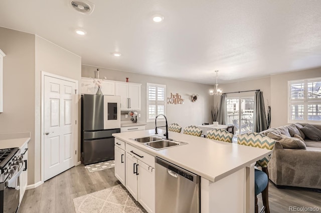 kitchen with a center island with sink, sink, appliances with stainless steel finishes, and white cabinets