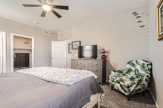 bedroom with ceiling fan and carpet