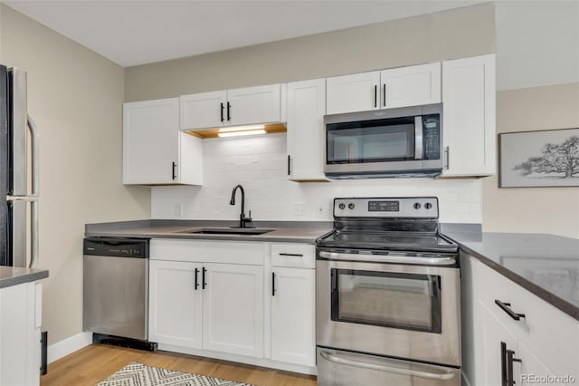 kitchen featuring tasteful backsplash, sink, stainless steel appliances, and white cabinets