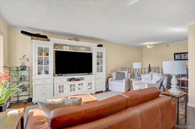 living area featuring wood finished floors, a textured ceiling, crown molding, and baseboards