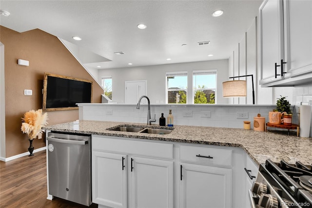 6459 N Dunkirk St, Denver, CO 80249 - kitchen featuring appliances with stainless steel finishes, a sink, decorative backsplash, dark wood finished floors, and plenty of natural light