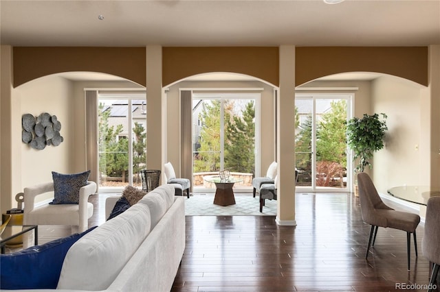 living room with dark wood-style floors