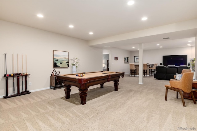 rec room featuring recessed lighting, baseboards, and light colored carpet