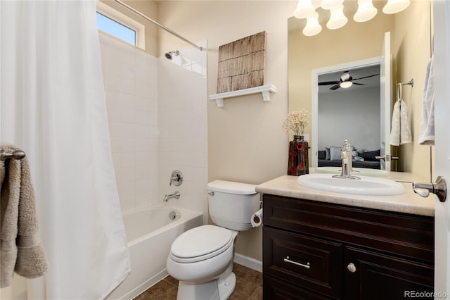 bathroom featuring ceiling fan, vanity, toilet, tile patterned floors, and shower / tub combo