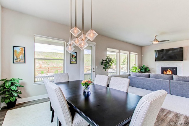 9571 Yucca Ct, Arvada, CO 80007 - dining room featuring wood finished floors, a glass covered fireplace, ceiling fan, and baseboards