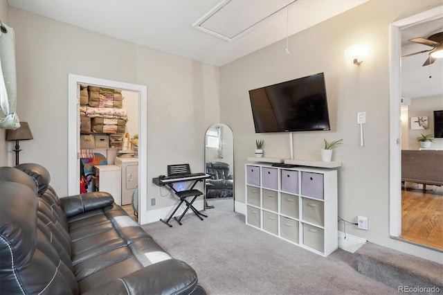 1817 S Perry Way, Denver, CO 80219 - carpeted living area with independent washer and dryer, attic access, and ceiling fan