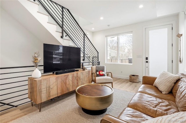 2012 W 46th Ave, Denver, CO 80211 - living room featuring light wood finished floors, stairs, recessed lighting, and baseboards