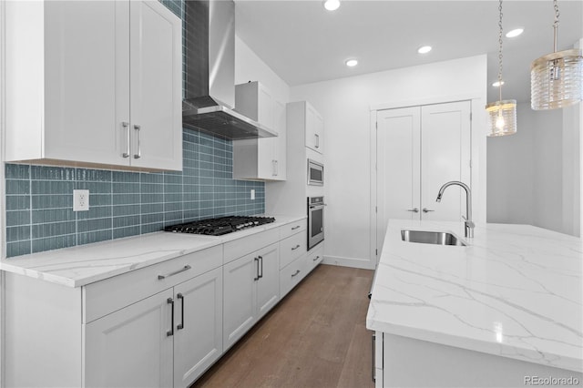 kitchen with stainless steel appliances, wood finished floors, a sink, wall chimney range hood, and tasteful backsplash