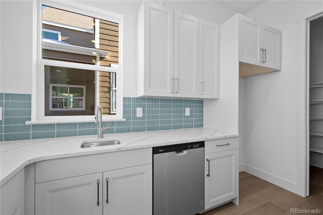 kitchen featuring white cabinets, dishwasher, and a sink