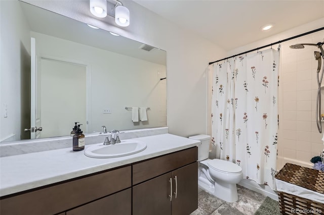 full bath with toilet, shower / bath combo, visible vents, and vanity