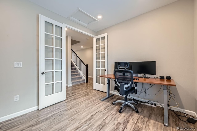 5256 Trails Edge Ln, Castle Rock, CO 80104 - office space with wood finished floors, baseboards, attic access, recessed lighting, and french doors