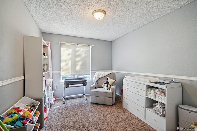 recreation room with carpet floors and a textured ceiling