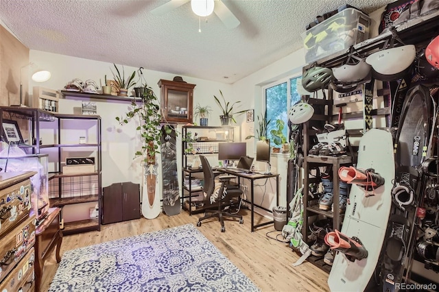 office area with a textured ceiling, ceiling fan, and light hardwood / wood-style floors