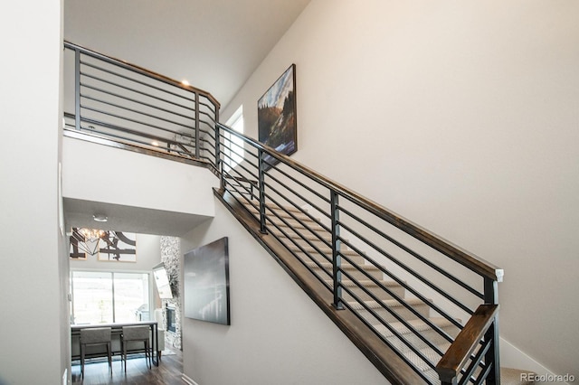 695 Simmental Loop, Castle Rock, CO 80104 - stairway with wood finished floors, a towering ceiling, and baseboards