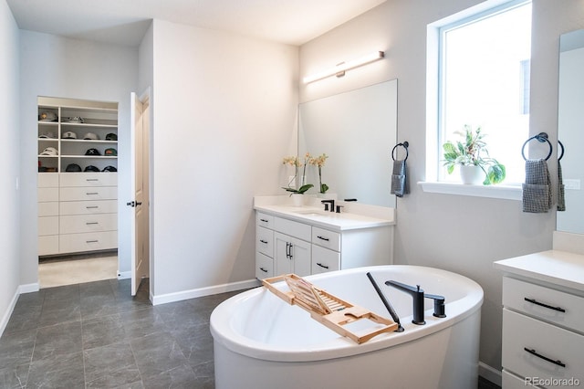 695 Simmental Loop, Castle Rock, CO 80104 - bathroom featuring vanity, a spacious closet, and a freestanding bath