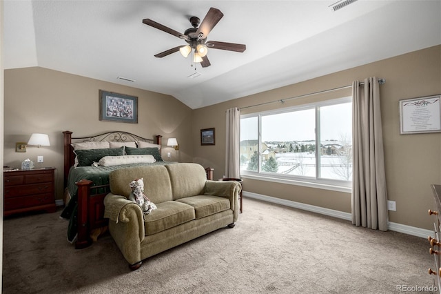 bedroom featuring visible vents, baseboards, ceiling fan, carpet, and vaulted ceiling