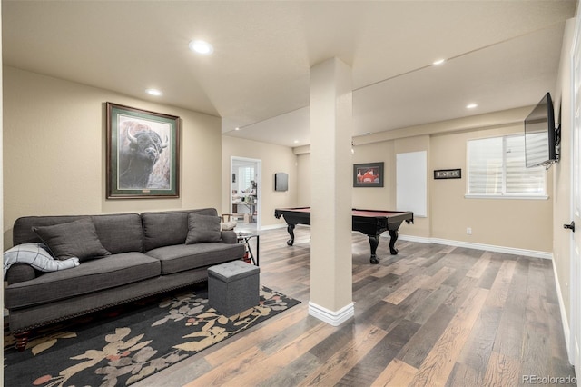 playroom featuring recessed lighting, pool table, baseboards, and wood finished floors