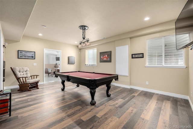 game room with recessed lighting, billiards, baseboards, and wood finished floors