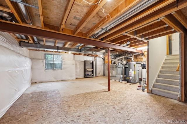 248 Summit Trl, Broomfield, CO 80020 - basement featuring heating unit, stairs, and water heater