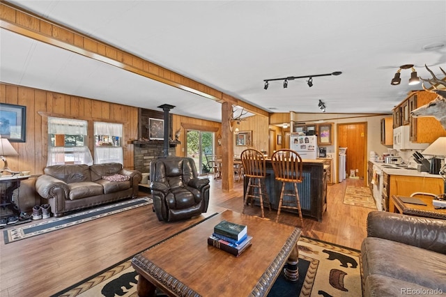 10000 State Highway 96, Westcliffe, CO 81252 - living area featuring light wood-style floors, wood walls, a wood stove, and rail lighting