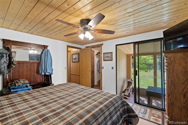 bedroom featuring access to outside, ceiling fan, and wooden ceiling