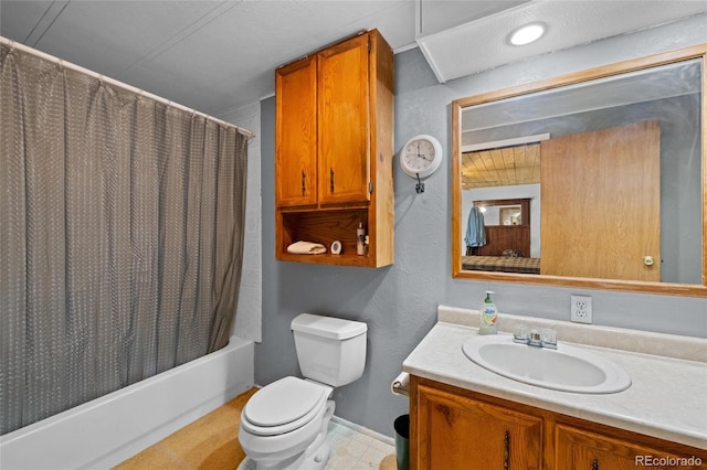 full bathroom with shower / bathtub combination with curtain, vanity, and toilet