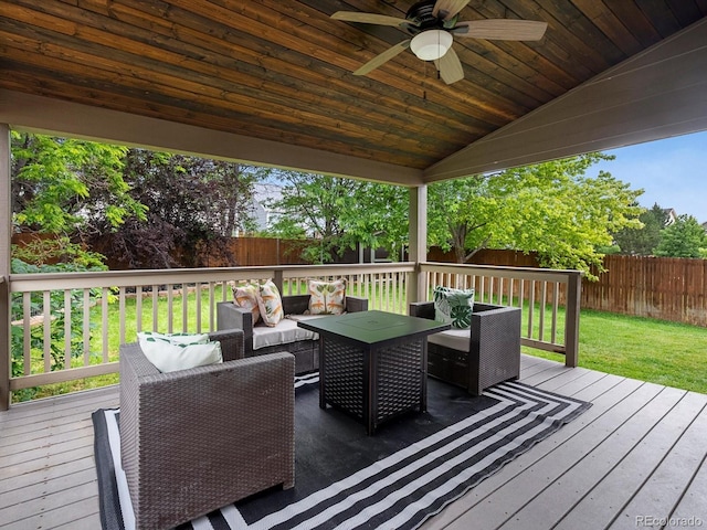 23222 E Orchard Pl, Aurora, CO 80015 - wooden deck featuring a fenced backyard, ceiling fan, and an outdoor living space