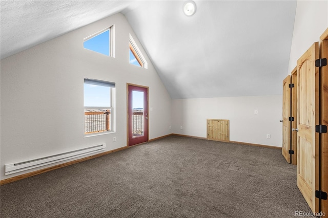 5844 Middle Fork Vis, Fairplay, CO 80440 - additional living space with baseboard heating, vaulted ceiling, and carpet floors