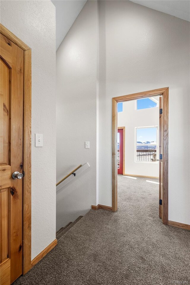 5844 Middle Fork Vis, Fairplay, CO 80440 - hallway with an upstairs landing, carpet floors, and vaulted ceiling
