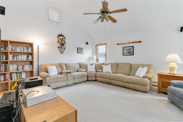 living area featuring a baseboard radiator, carpet, ceiling fan, and high vaulted ceiling