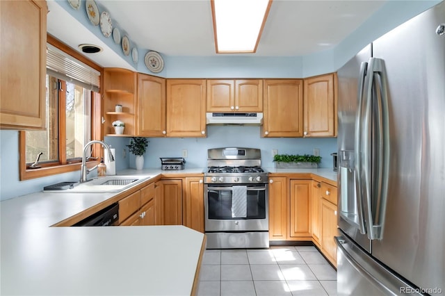 kitchen with under cabinet range hood, light countertops, appliances with stainless steel finishes, light tile patterned flooring, and a sink