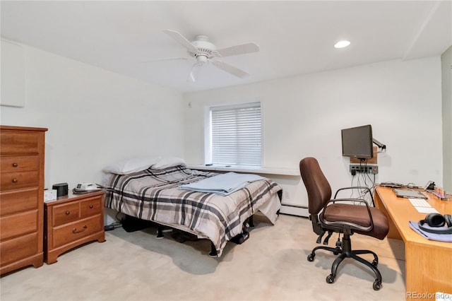 bedroom featuring recessed lighting, light colored carpet, a ceiling fan, and a baseboard radiator