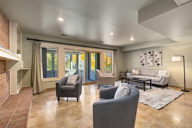 living room with a fireplace