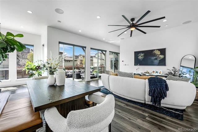 living room featuring ceiling fan, recessed lighting, and wood finished floors