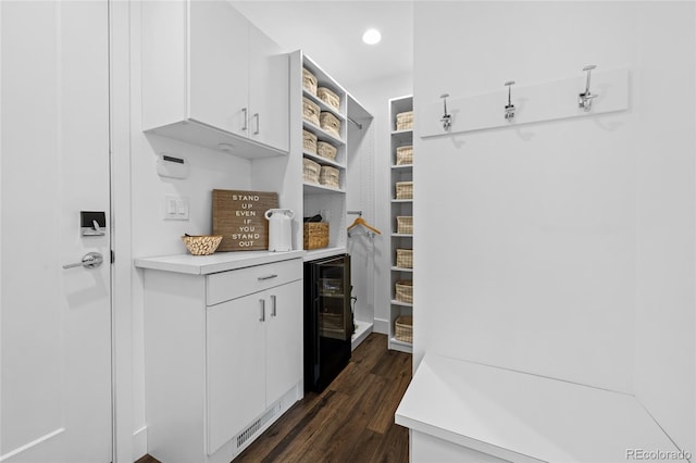 mudroom with a dry bar, dark wood-style flooring, and beverage cooler