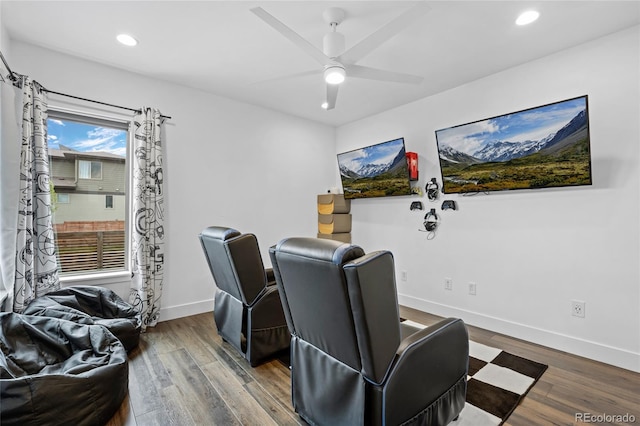 interior space with recessed lighting, baseboards, ceiling fan, and wood finished floors