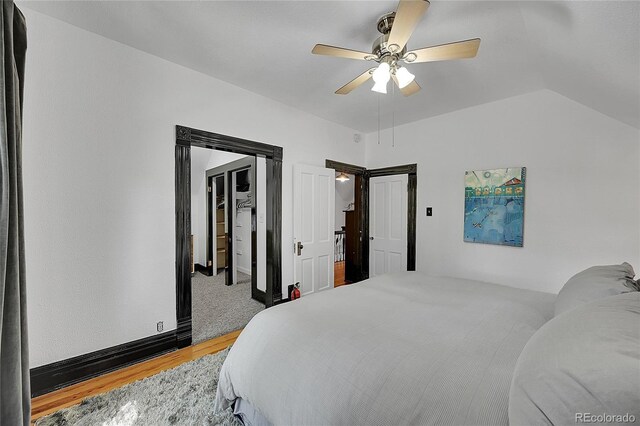 444 S Pearl St, Denver, CO 80209 - bedroom with wood finished floors, a closet, lofted ceiling, ceiling fan, and a spacious closet