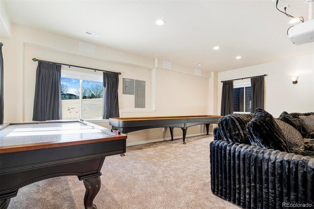 recreation room featuring light carpet, baseboards, visible vents, and recessed lighting