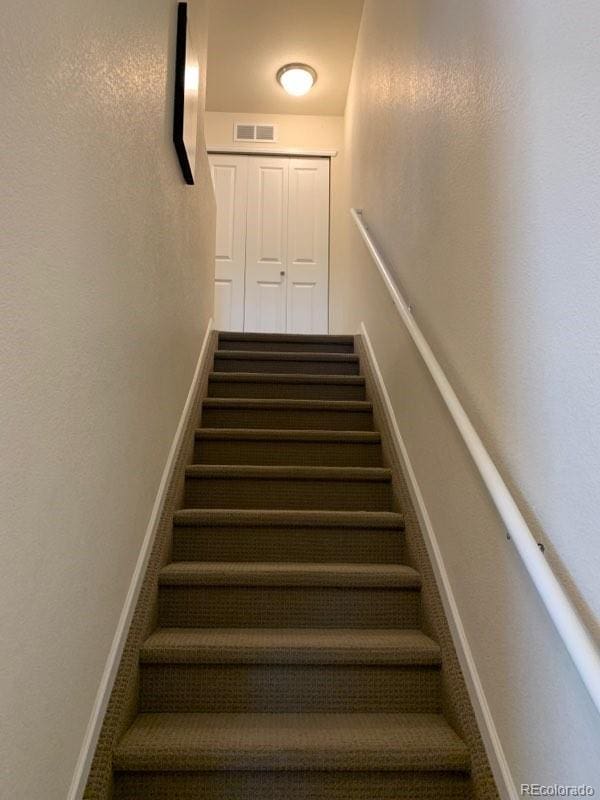 stairs featuring carpet flooring