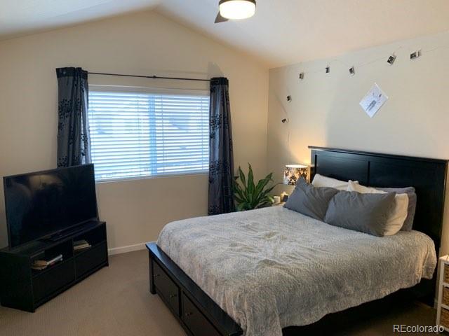 carpeted bedroom with lofted ceiling and ceiling fan