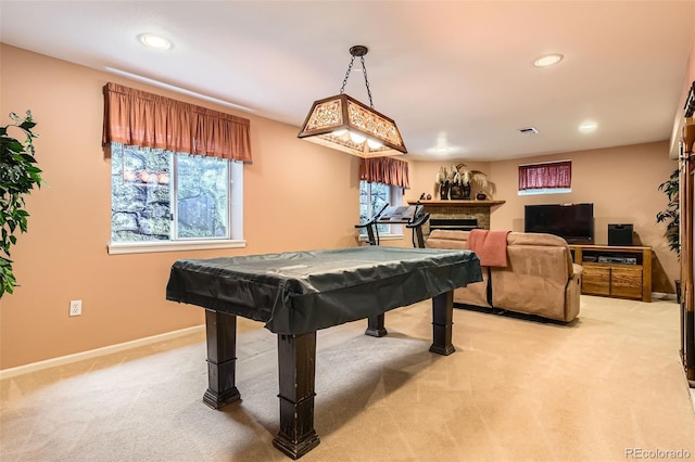 rec room with a fireplace, light carpet, baseboards, recessed lighting, and pool table