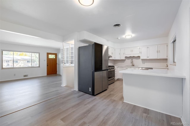 kitchen featuring white cabinetry, appliances with stainless steel finishes, sink, light hardwood / wood-style floors, and kitchen peninsula