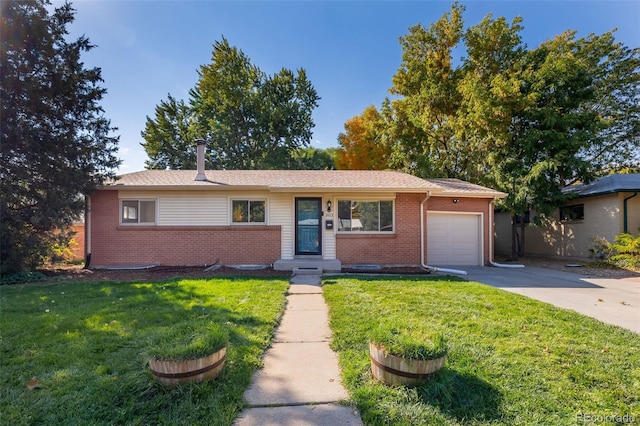 ranch-style home featuring a garage and a front lawn